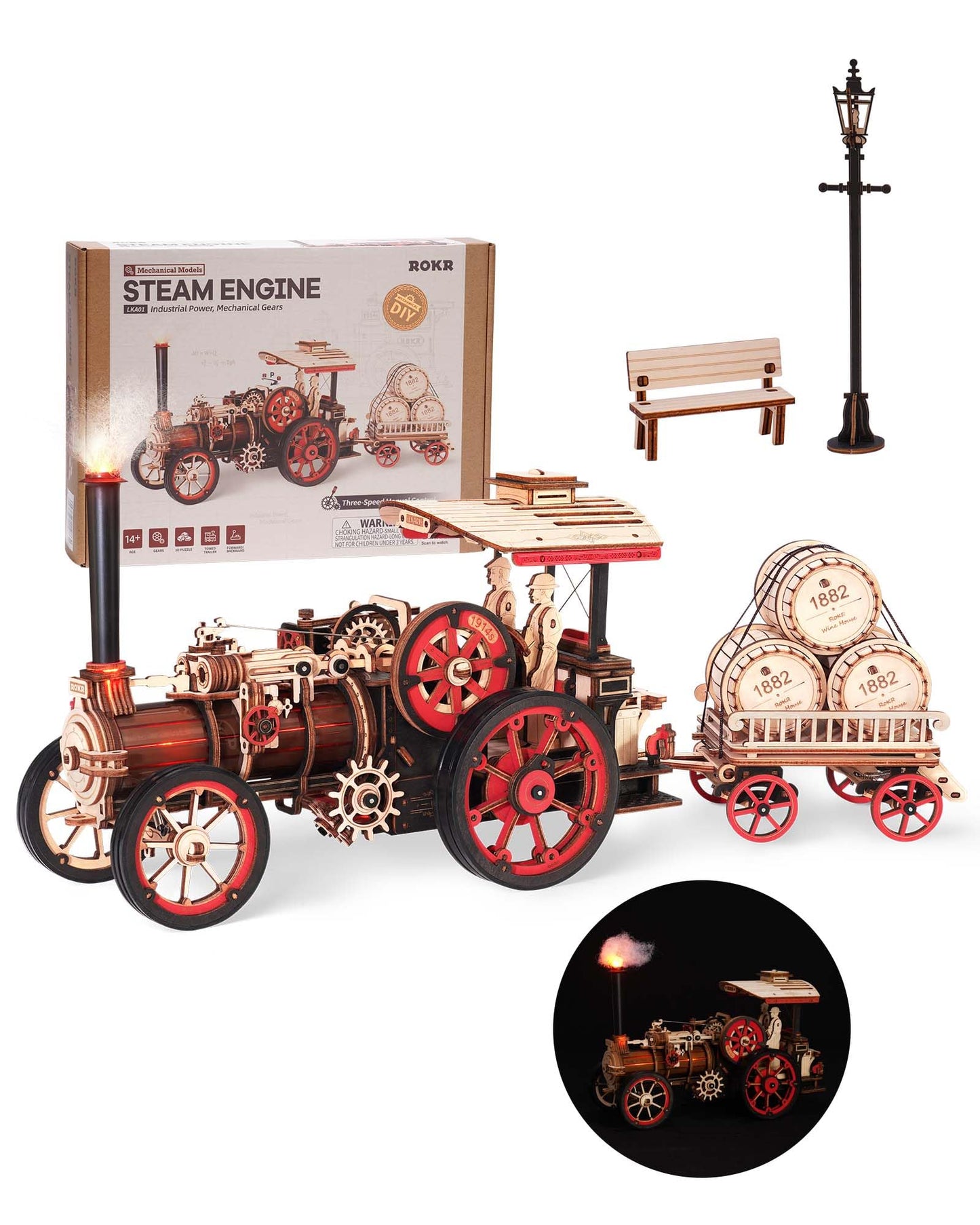 ROKR 3D Puzzle for Adults 469pcs Electric Vintage Car Steam Engine Model Kits, Mechanical Wooden Assembly Puzzles Vehicle DIY Hobbies for Men Women
