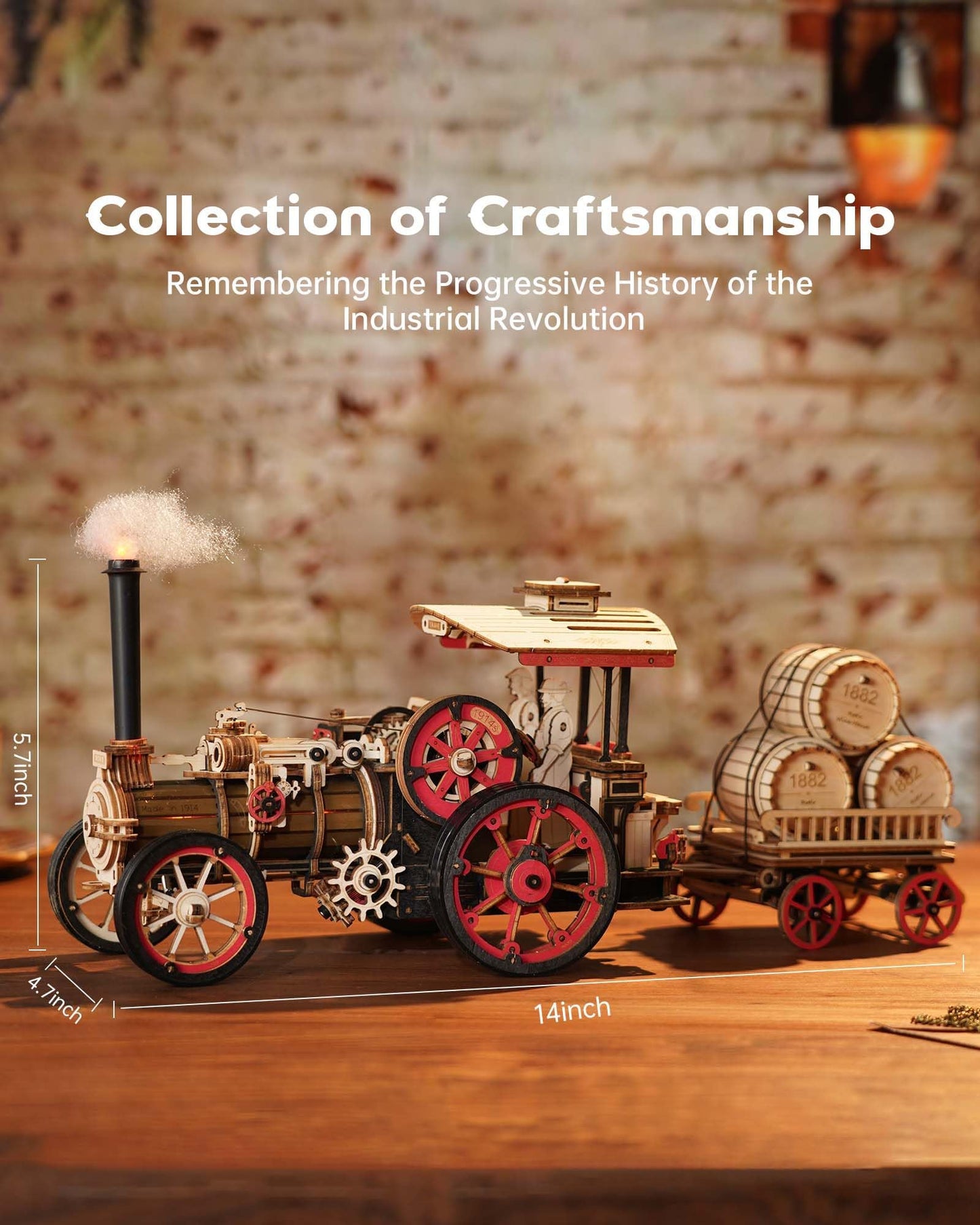 ROKR 3D Puzzle for Adults 469pcs Electric Vintage Car Steam Engine Model Kits, Mechanical Wooden Assembly Puzzles Vehicle DIY Hobbies for Men Women