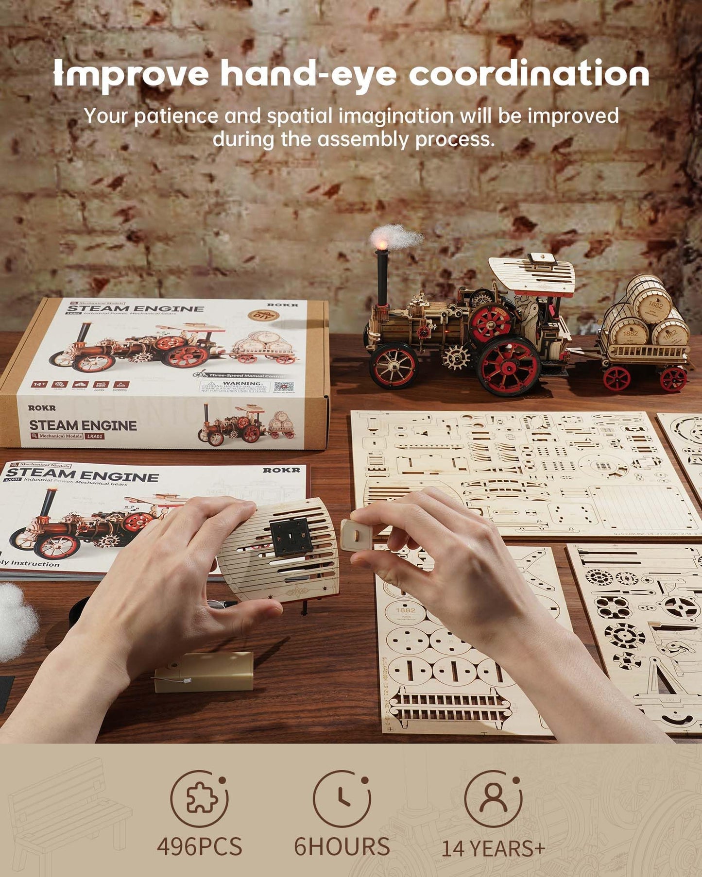 ROKR 3D Puzzle for Adults 469pcs Electric Vintage Car Steam Engine Model Kits, Mechanical Wooden Assembly Puzzles Vehicle DIY Hobbies for Men Women