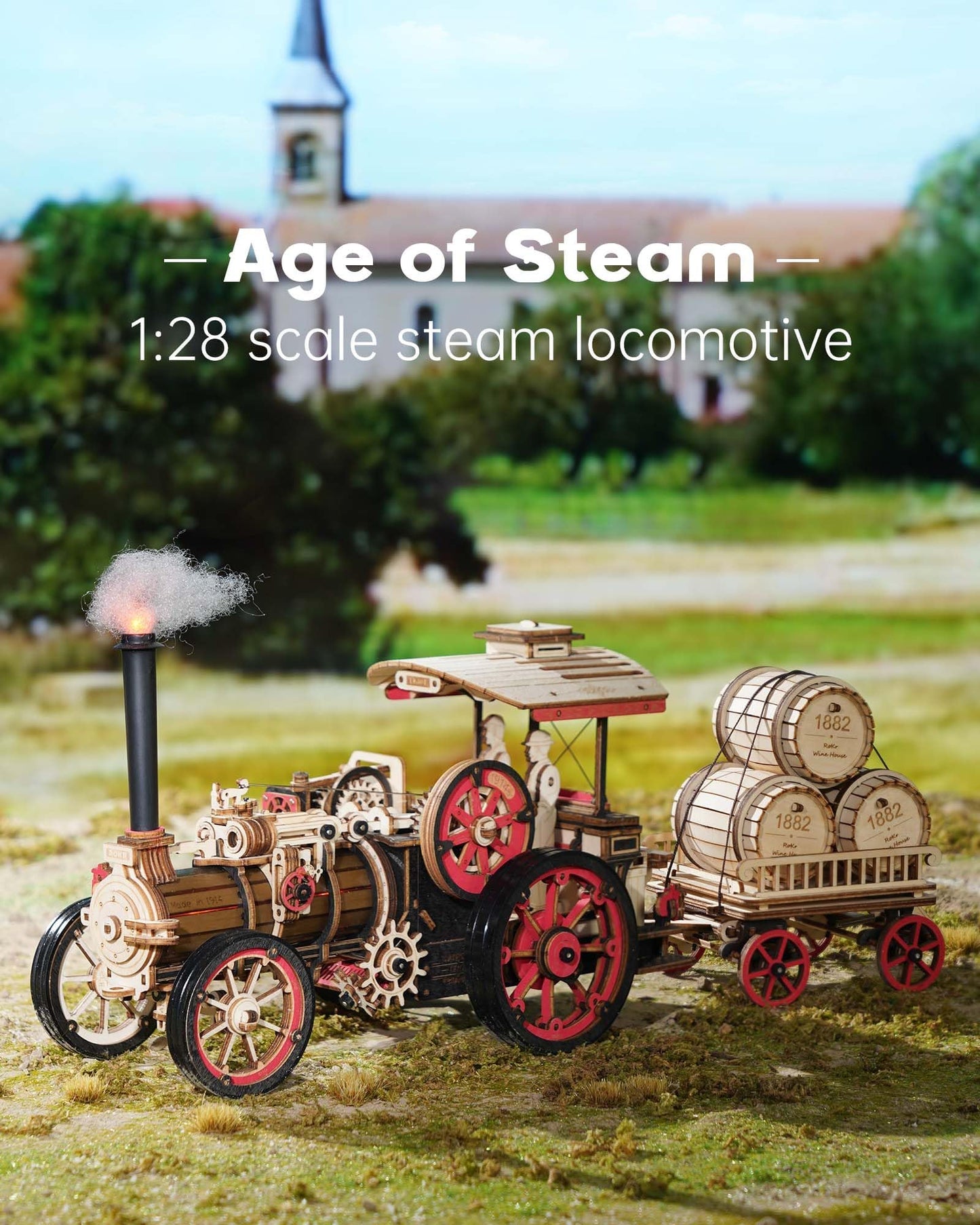ROKR 3D Puzzle for Adults 469pcs Electric Vintage Car Steam Engine Model Kits, Mechanical Wooden Assembly Puzzles Vehicle DIY Hobbies for Men Women