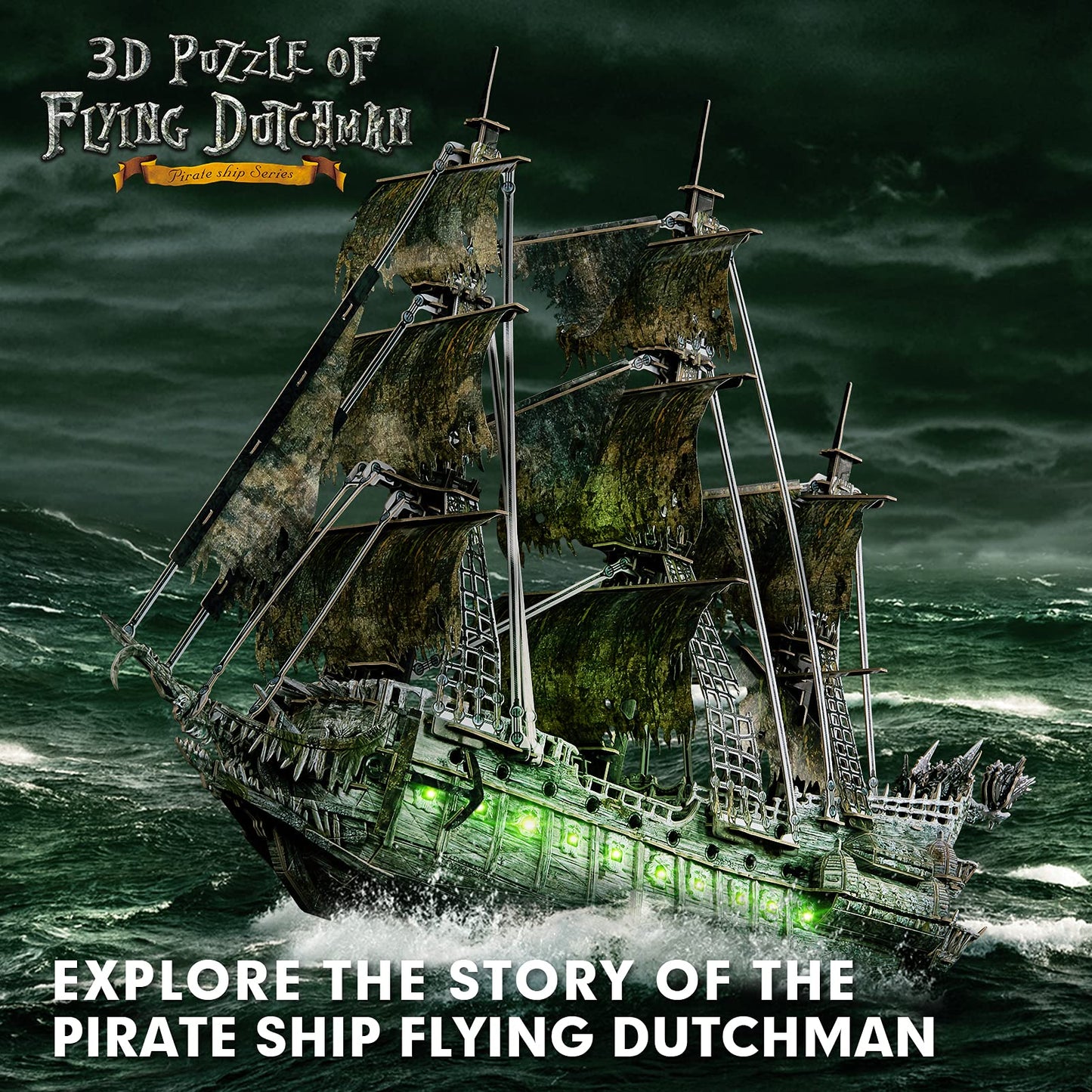 CubicFun 3D Puzzles for Adults Green LED Flying Dutchman, 360 Pieces Pirate Ship Arts & Crafts for Adults Gifts for Men Women Model Kit, Lighting Ghost Ship Easter Gifts Valentine's Day Gift