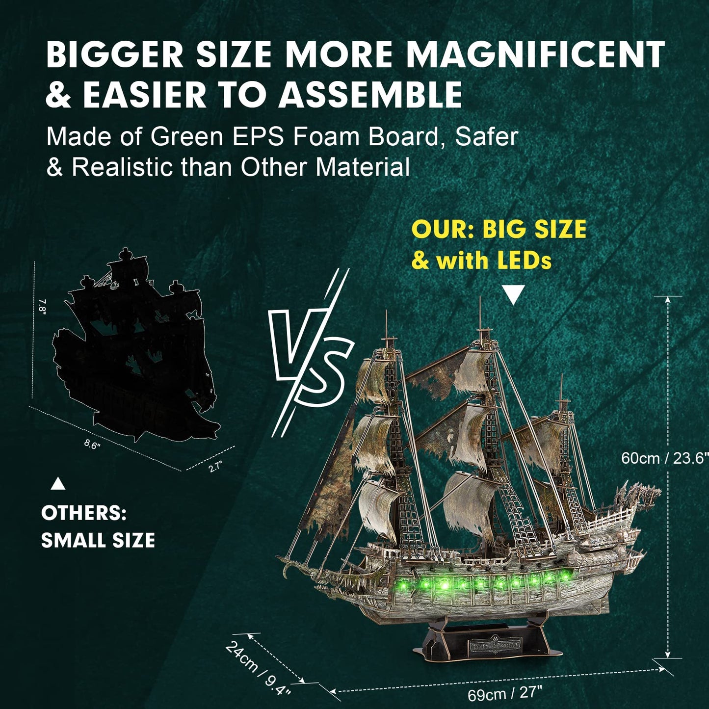 CubicFun 3D Puzzles for Adults Green LED Flying Dutchman, 360 Pieces Pirate Ship Arts & Crafts for Adults Gifts for Men Women Model Kit, Lighting Ghost Ship Easter Gifts Valentine's Day Gift