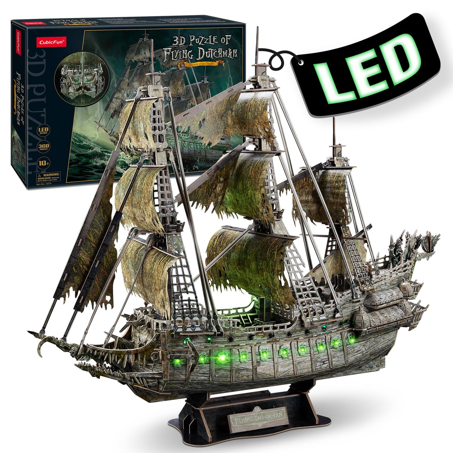 CubicFun 3D Puzzles for Adults Green LED Flying Dutchman, 360 Pieces Pirate Ship Arts & Crafts for Adults Gifts for Men Women Model Kit, Lighting Ghost Ship Easter Gifts Valentine's Day Gift