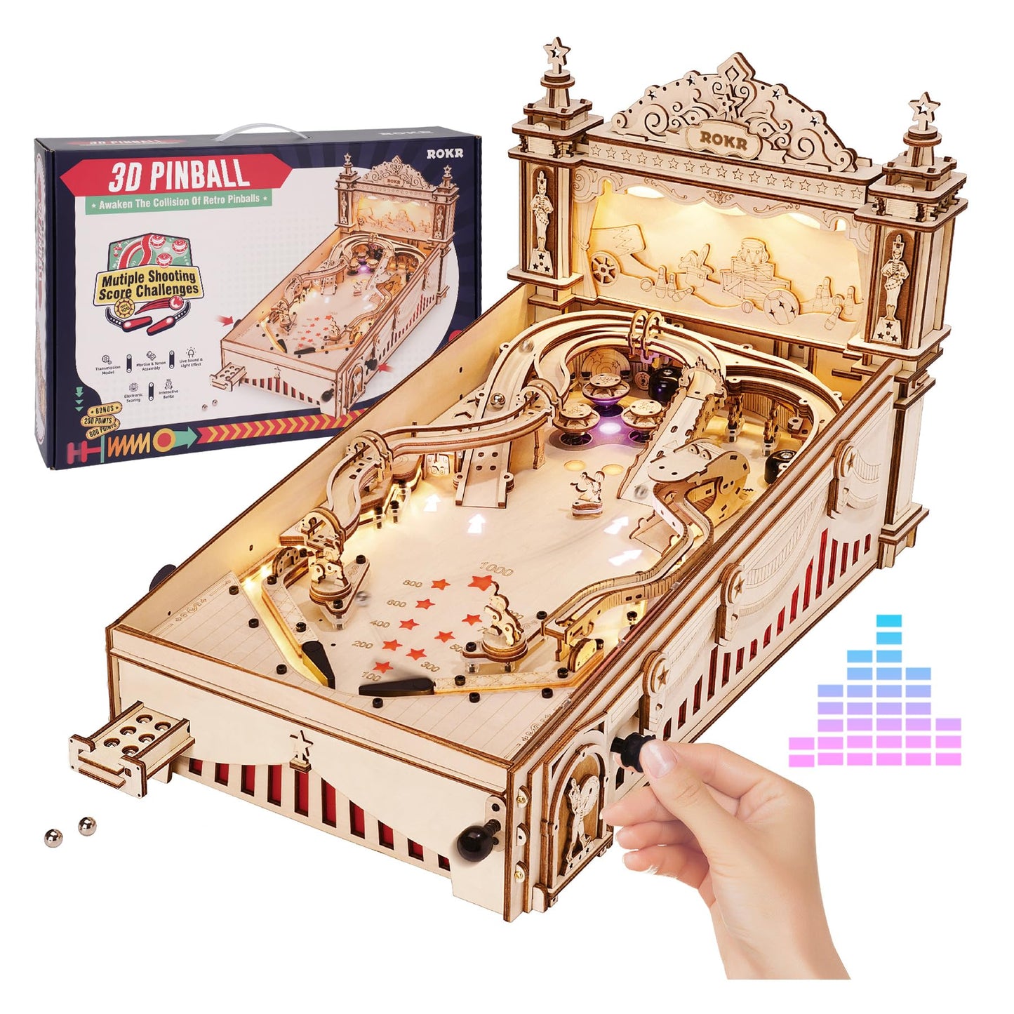 ROKR Miniature Pinball Machine-3D Wooden Puzzles for Adults-DIY Wood Model Kits for Adults-Toy Gifts for Ages 14 and Up